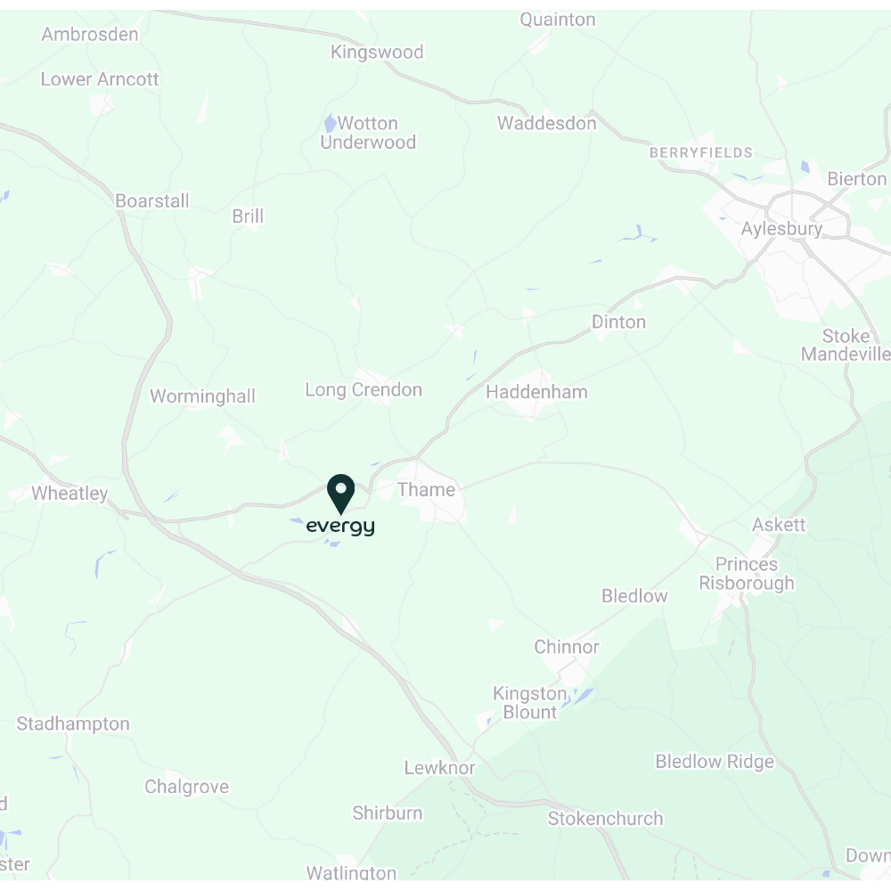 Map showing the location of Evergy near Thame, with surrounding towns including Aylesbury, Bicester, Oxford, and High Wycombe.
